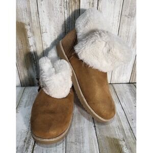 Juicy Couture Women Gold Glitter Faux Fur Trim‎ Bootie Slippers Cozy Warm